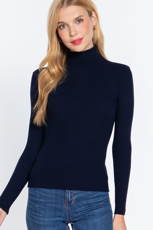 LONG SLEEVE TURTLE NECK FITTED VISCOSE RIB SWEATER TOP - FashionJOA
