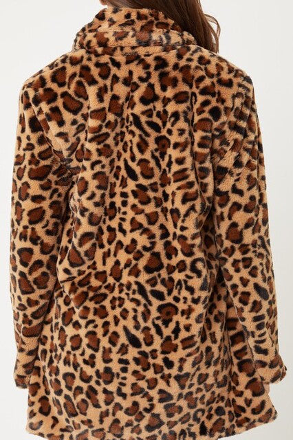 Leopard Print Notch Collar Faux Fur Teddy Coat - FashionJOA