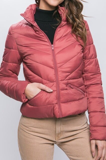 Zip Up Puffer Jacket With Storage Bag - FashionJOA