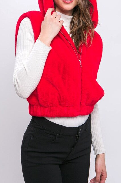 Plush Hooded Zip Up Vest With Pockets - FashionJOA