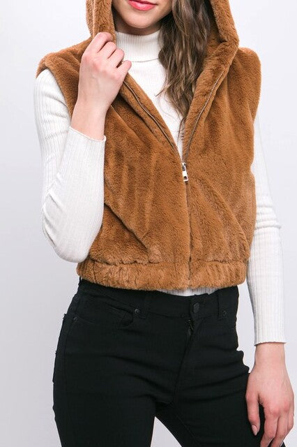Plush Hooded Zip Up Vest With Pockets - FashionJOA