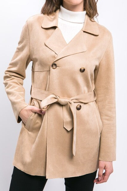 Suede Trench Coat with Waist Belt - FashionJOA