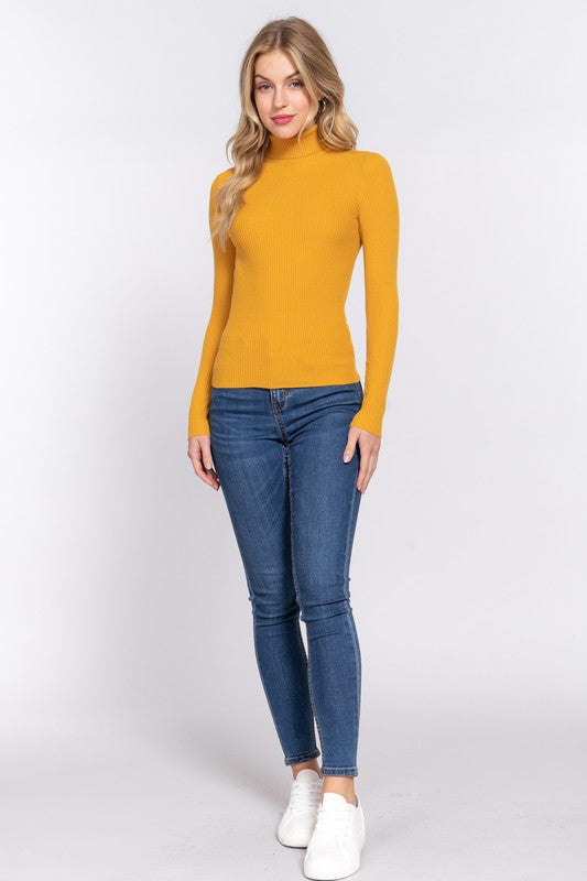 LONG SLEEVE TURTLE NECK FITTED VISCOSE RIB SWEATER TOP - FashionJOA