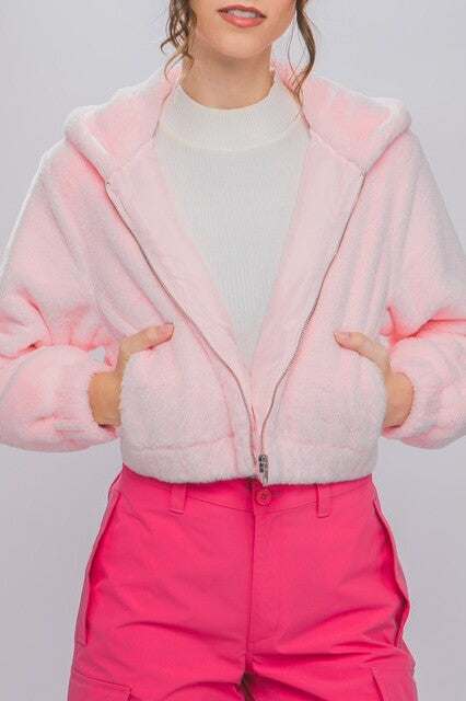 Fleece Blend Semi Cropped Zip Up Jacket with Hood - FashionJOA