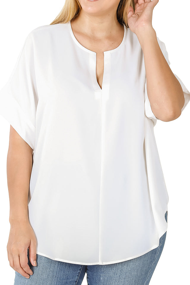 Plus Heavy woven span top with split neck, short sleeves, and curved hem. - FashionJOA