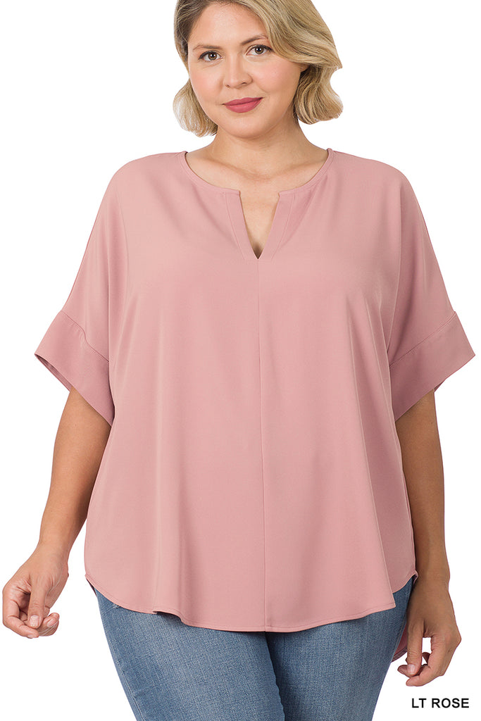 Plus Heavy woven span top with split neck, short sleeves, and curved hem. - FashionJOA
