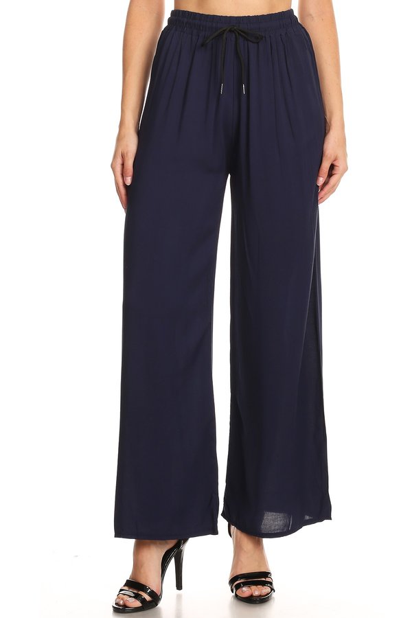 Solid high waisted pants in a relaxed fit, with a drawstring elastic waistband, wide legs, and pleats. - FashionJOA