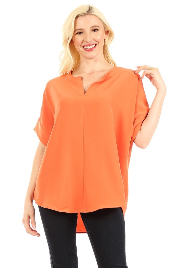 Heavy woven span top with split neck, short sleeves, and curved hem. - FashionJOA