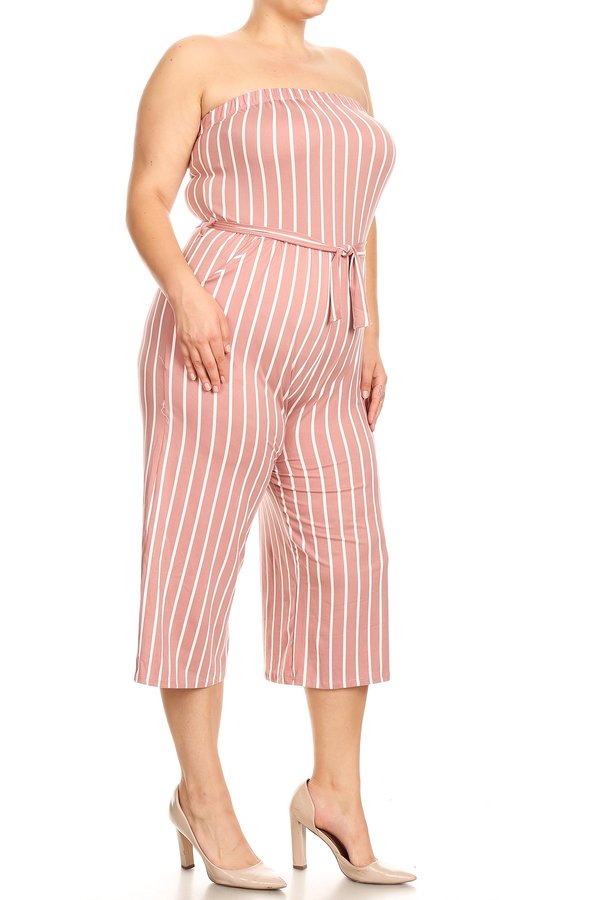 Strapless striped knit jumpsuit with a cropped hem - FashionJOA