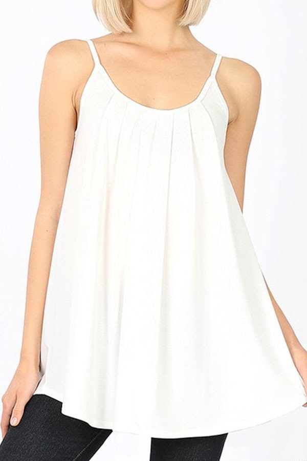 Pleated, scoop neck cami with adjustable spaghetti straps and curved hem. - FashionJOA