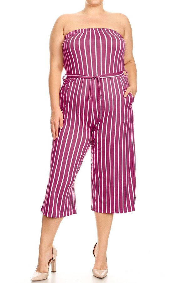 Strapless striped knit jumpsuit with a cropped hem - FashionJOA
