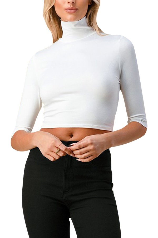 Solid 3/4 sleeve crop top with a mock neckline. - FashionJOA