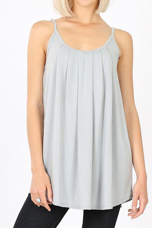 Pleated, scoop neck cami with adjustable spaghetti straps and curved hem. - FashionJOA