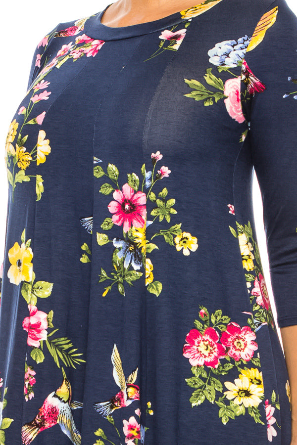 Paneled, floral print, a-line midi dress - FashionJOA