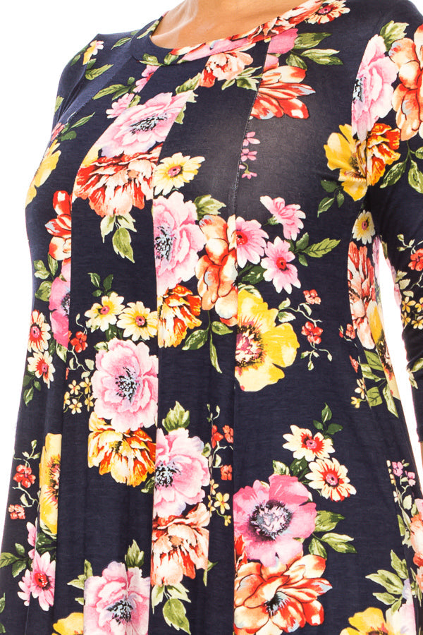 Paneled, floral print, a-line midi dress - FashionJOA