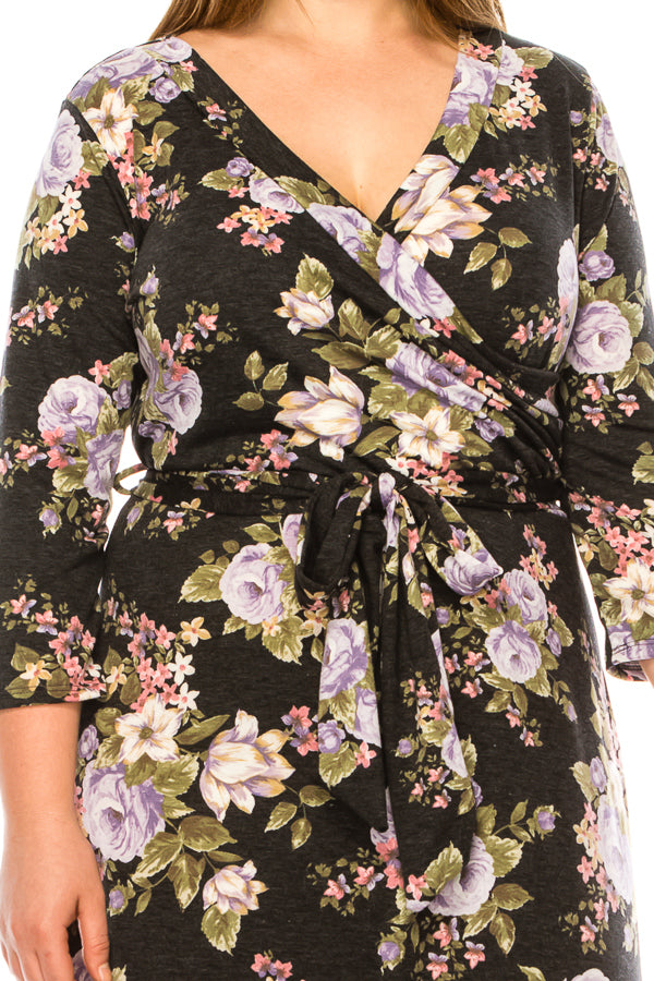 Plus size floral print faux wrap dress - FashionJOA