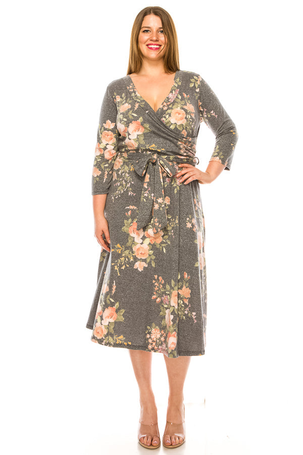 Plus size floral print faux wrap dress - FashionJOA