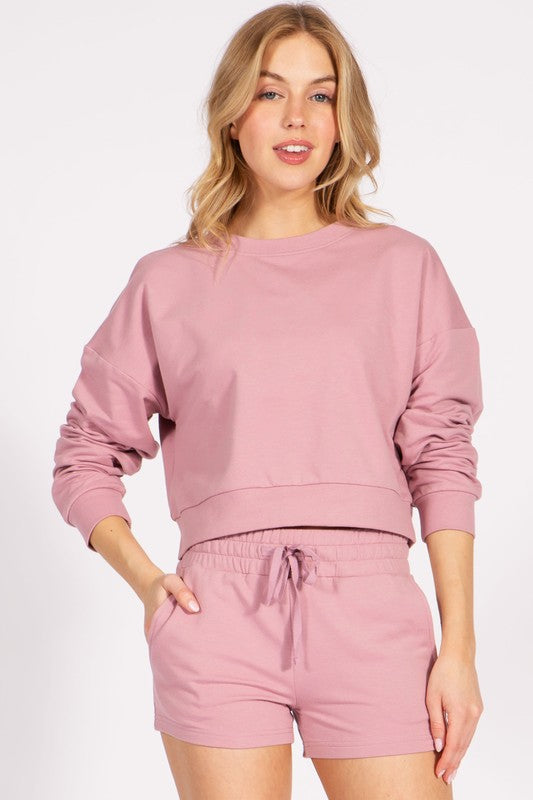 Cropped French Terry Pullover Crewneck Sweatshirt FashionJOA