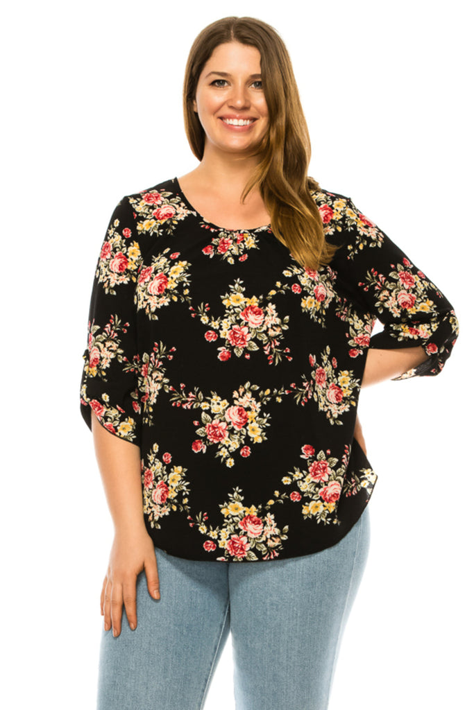 Women's Plus Floral Print Round Neck Roll Tab Sleeve Blouse Top - FashionJOA
