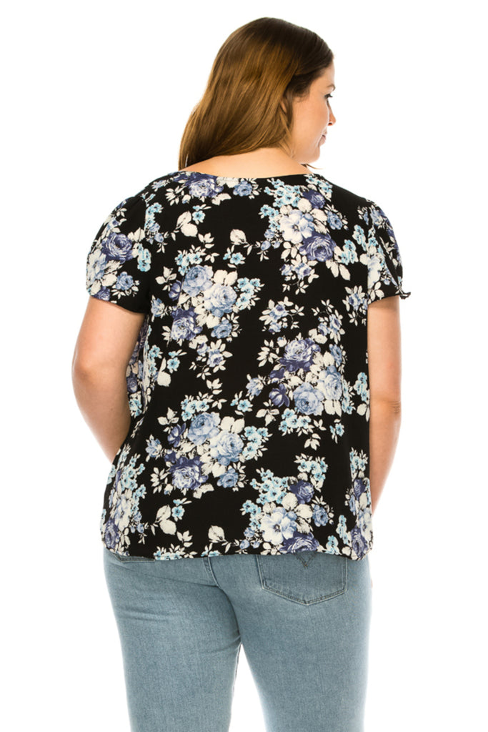 Women's Plus Floral print pleated front top with over lapping short sleeves - FashionJOA