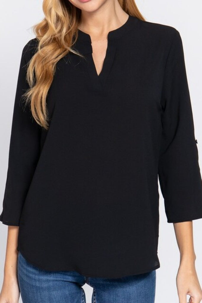 Women's 3/4 Roll up sleeve v-neck woven blouse - FashionJOA