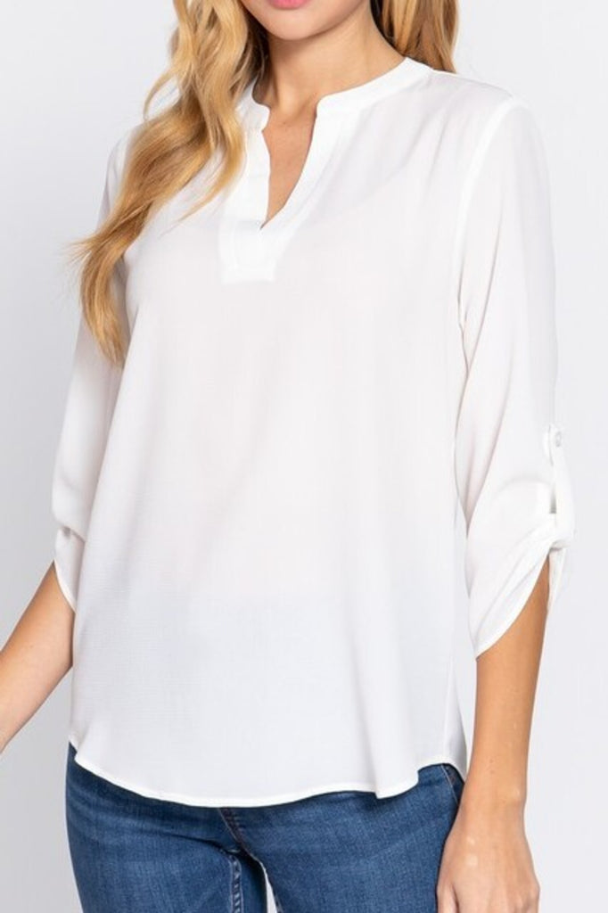 Women's 3/4 Roll up sleeve v-neck woven blouse - FashionJOA