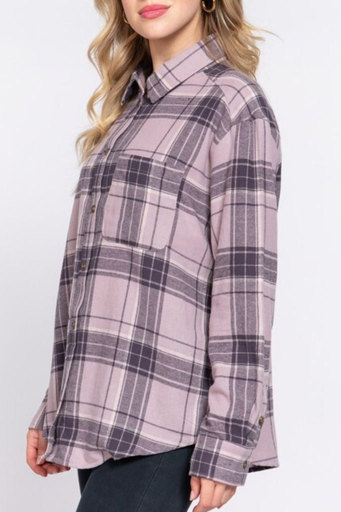 Women's Long sleeve notched collar plaid shirt - FashionJOA