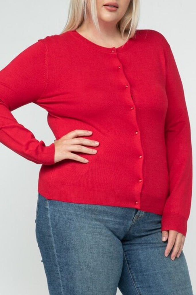 Women's Plus size Long Sleeve Button Down Crewneck Sweater Knit Cardigan - FashionJOA
