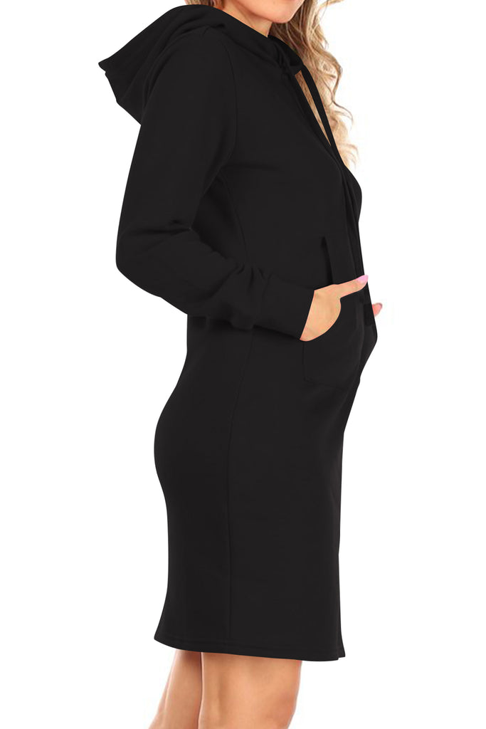 Women's Long Sleeve Fleece Pull On Mini Midi Solid Hooded Dress - FashionJOA