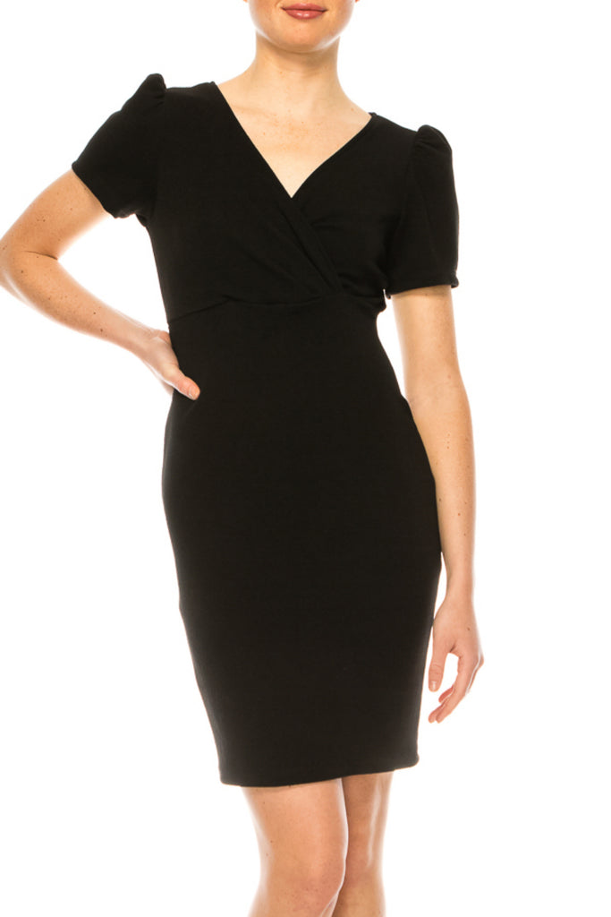 Women's Solid Dress with a V-Neckline Puff Sleeves - FashionJOA