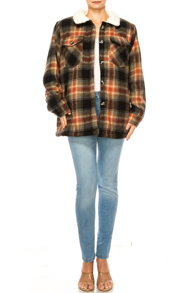 Women's Plaid fleece lined flannel jacket with button closure breast and side pockets - FashionJOA