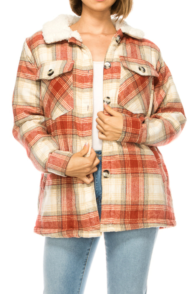 Women's Plaid fleece lined flannel jacket with button closure breast and side pockets - FashionJOA