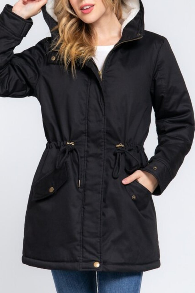 Women's Fleece lined plush fur hoodie utility jacket - FashionJOA