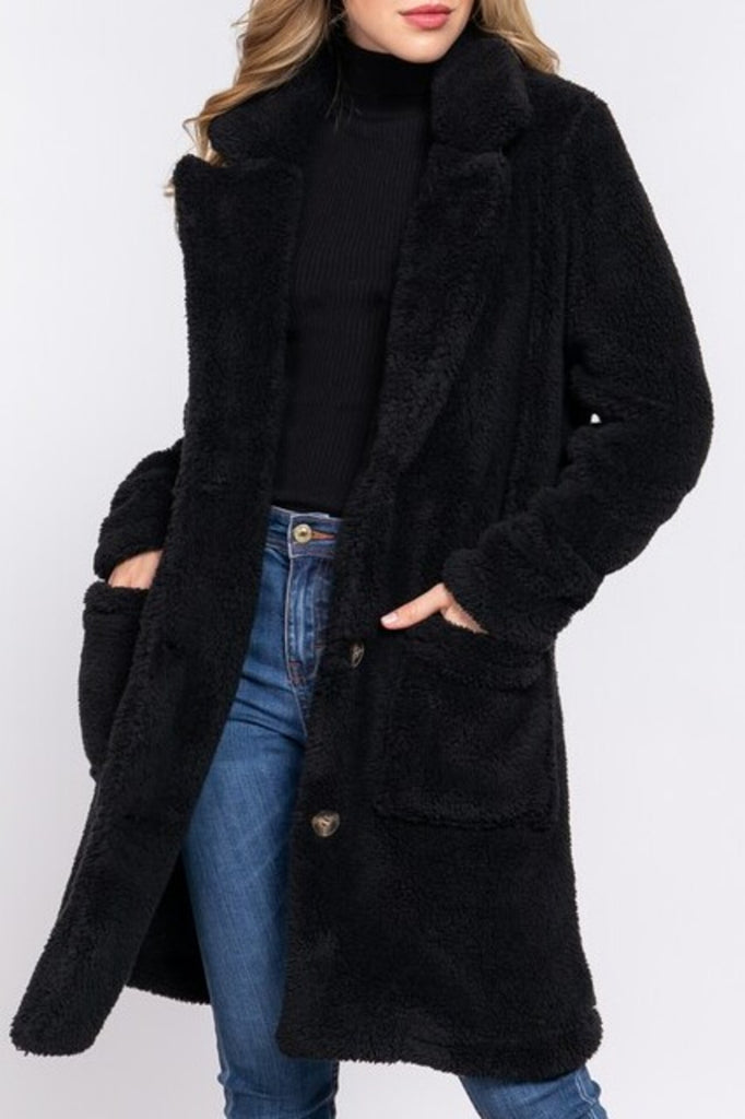 Women's Long sleeve notched collar patch pocket sherpa coat - FashionJOA