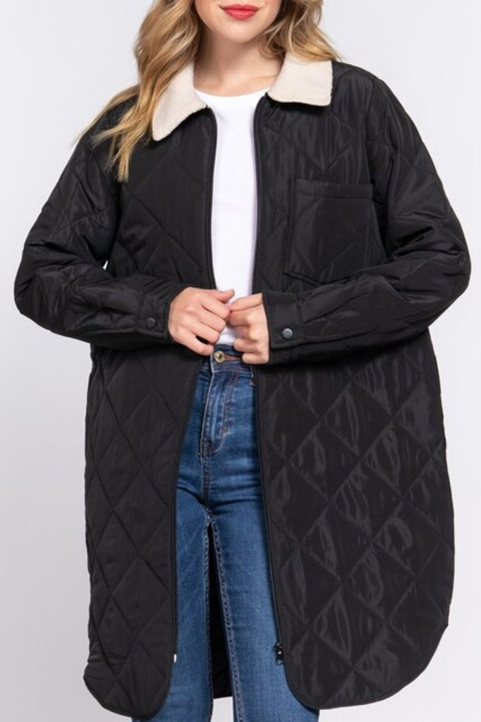 Women's Long sleeve fur collar detail quilted puffer long zip up jacket - FashionJOA