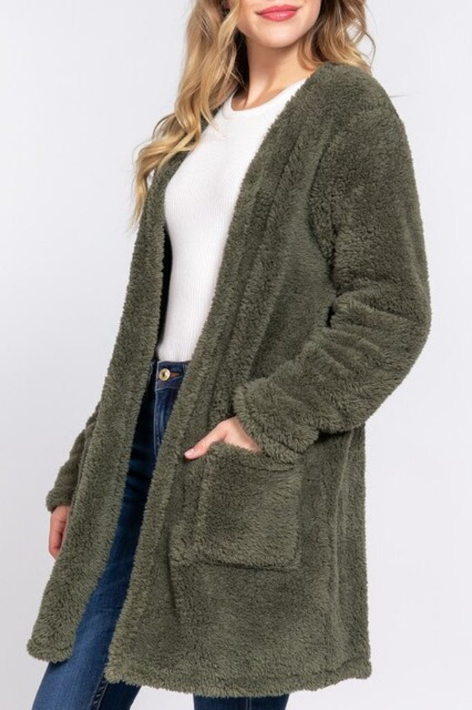 Women's Long sleeve open front with pocket sherpa jacket - FashionJOA