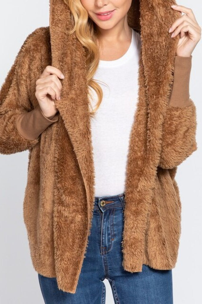 Women's Long sleeve hoodie oversized faux fur open jacket - FashionJOA