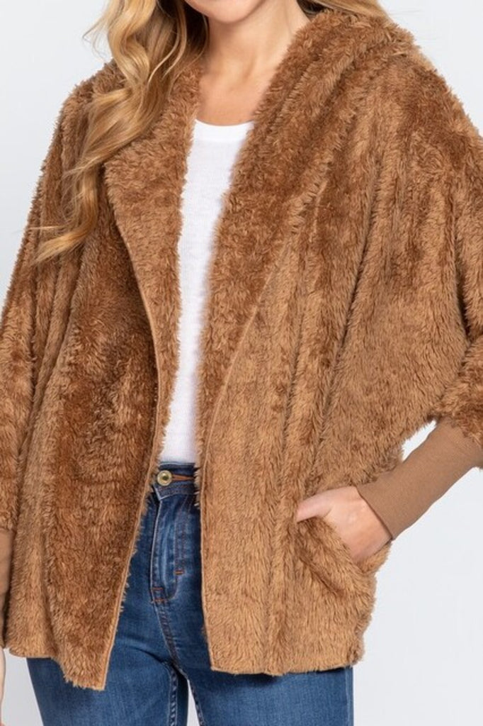 Women's Long sleeve hoodie oversized faux fur open jacket - FashionJOA