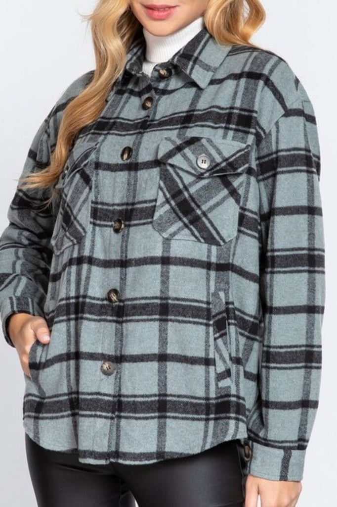 Women's Casual plaid wool blend button down shirts jacket - FashionJOA