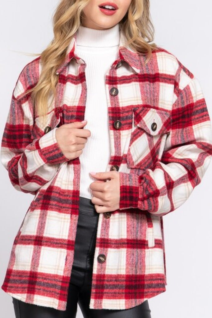 Women's Casual plaid wool blend button down shirts jacket - FashionJOA