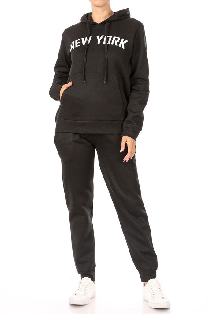 Women's Casual New York Printed Long Sleeve Hoodie Jogger Sweatpants Lounge Set - FashionJOA