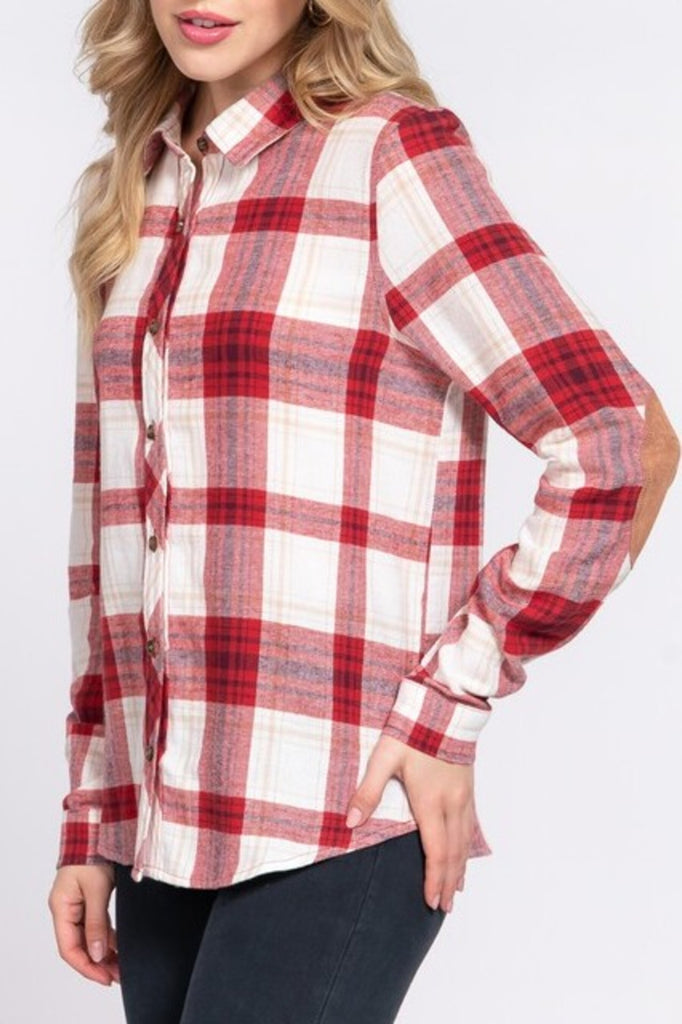 Women's Long sleeve with suede patch button down plaid shirt - FashionJOA