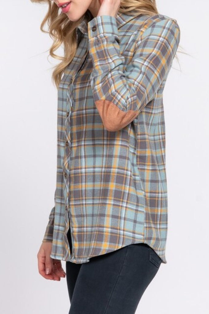 Women's Long sleeve with suede patch button down plaid shirt - FashionJOA