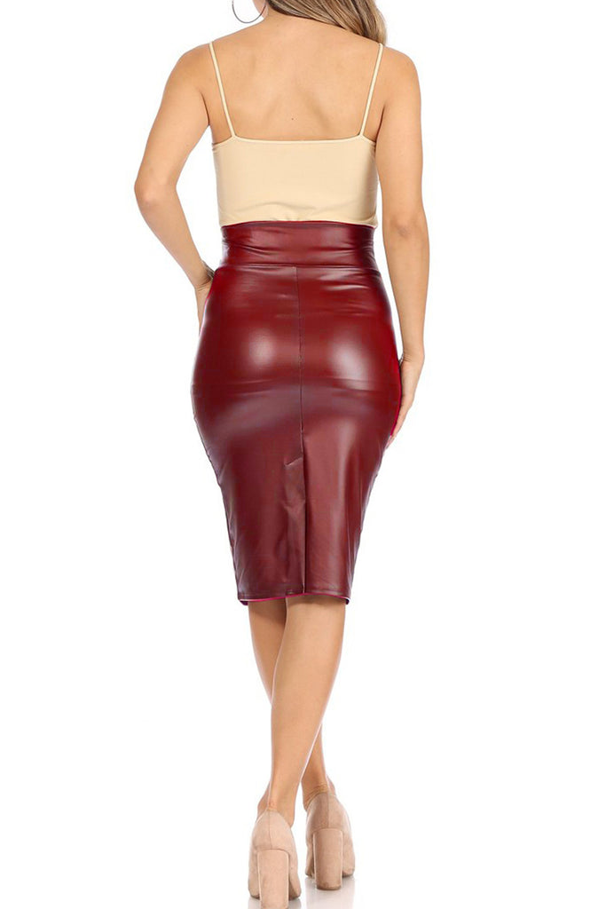 Women's Solid Faux Leather Knee Length Bodycon Pencil Skirt - FashionJOA