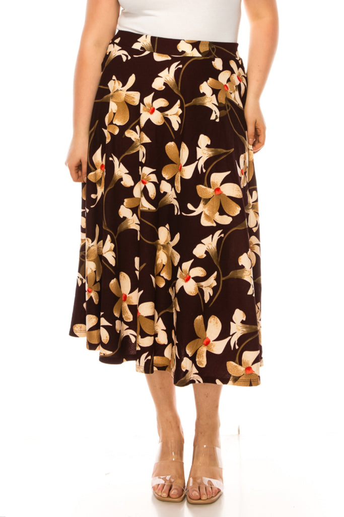 Women's Plus size A-line midi skirt with flowers and elastic waistband - FashionJOA