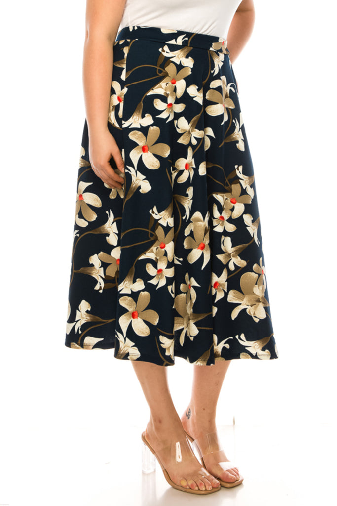 Women's Plus size A-line midi skirt with flowers and elastic waistband - FashionJOA