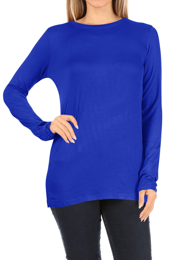 Women's Casual Long Sleeve Solid Stretch Relaxed Fit Basic Pull On T-Shirts Tunic Top - FashionJOA