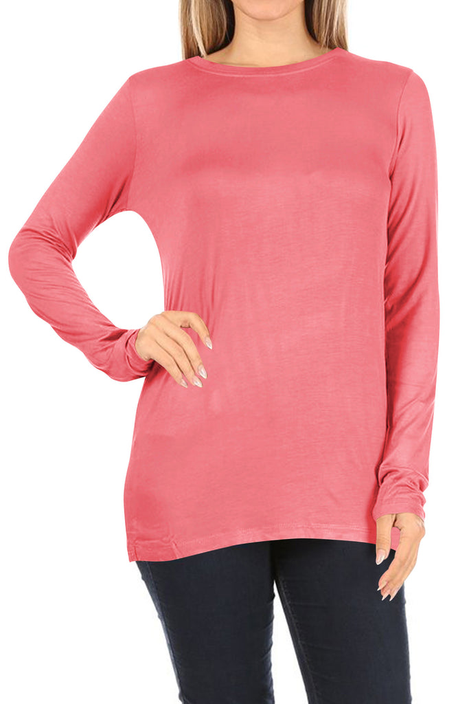Women's Casual Long Sleeve Solid Stretch Relaxed Fit Basic Pull On T-Shirts Tunic Top - FashionJOA