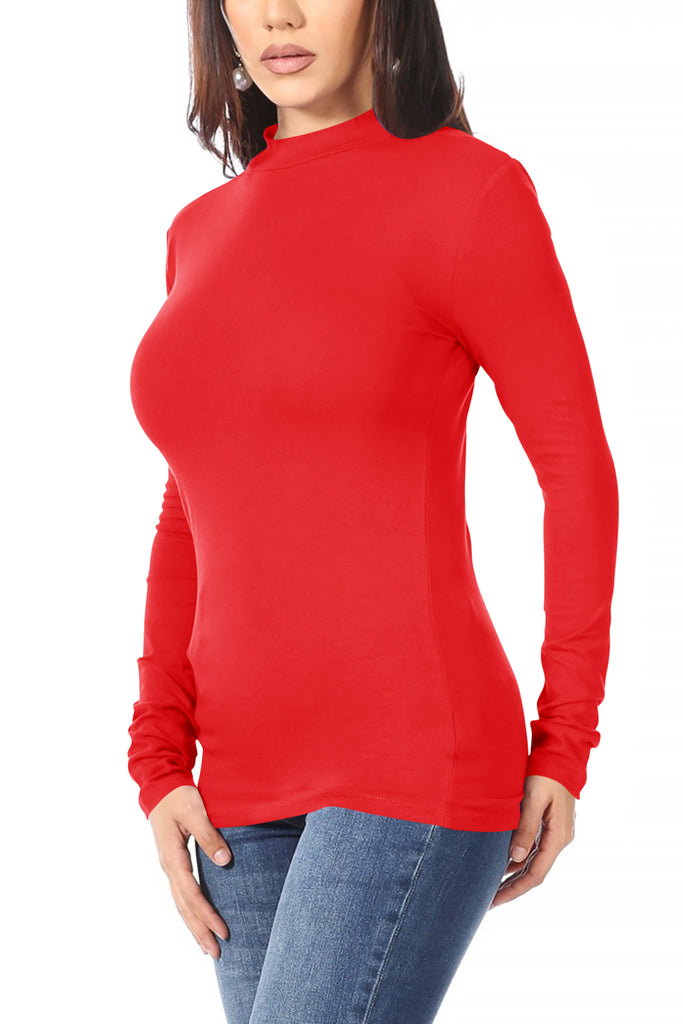 Women's Casual Solid Mock Neck Long Sleeve T-Shirt Top - FashionJOA