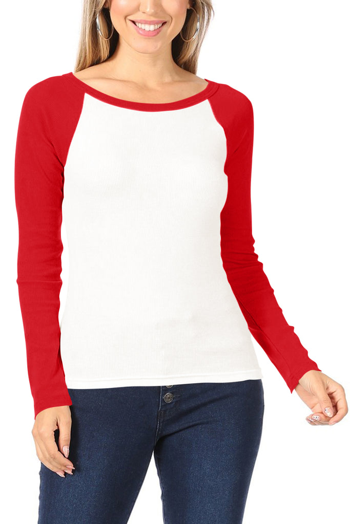 Women's Casual Ribbed Long Sleeve Round Neck Raglan T-Shirt - FashionJOA